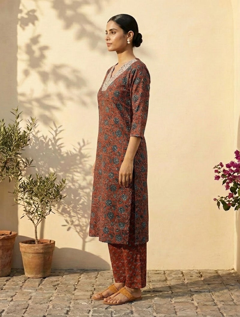 trueBrowns طقم كورتا بنطال دوباتا مزين بطبعة زهور صدئة من trueBrowns - Image 3